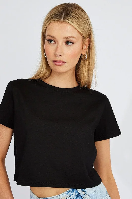 Black Crop T Shirt Short Sleeve Crew Neck