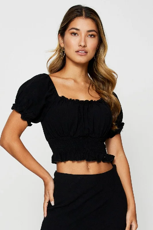 Black Puff Sleeve Top Short Sleeve Crop