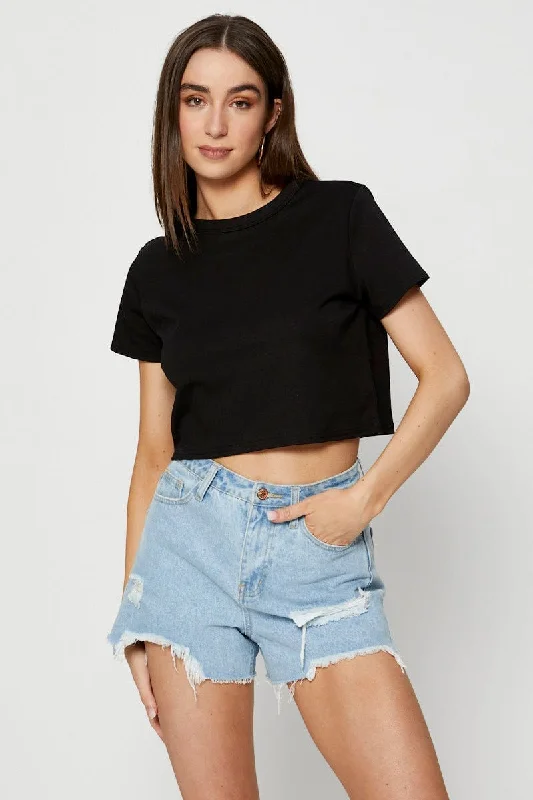 Black T Shirt Short Sleeve Crop Crew Neck Cotton