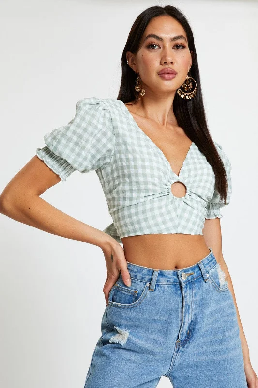 Check Crop Top Short Sleeve Square Neck