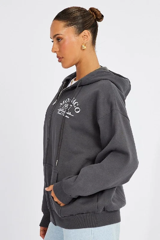 Grey Zip Hoodie Long Sleeve Graphic Print