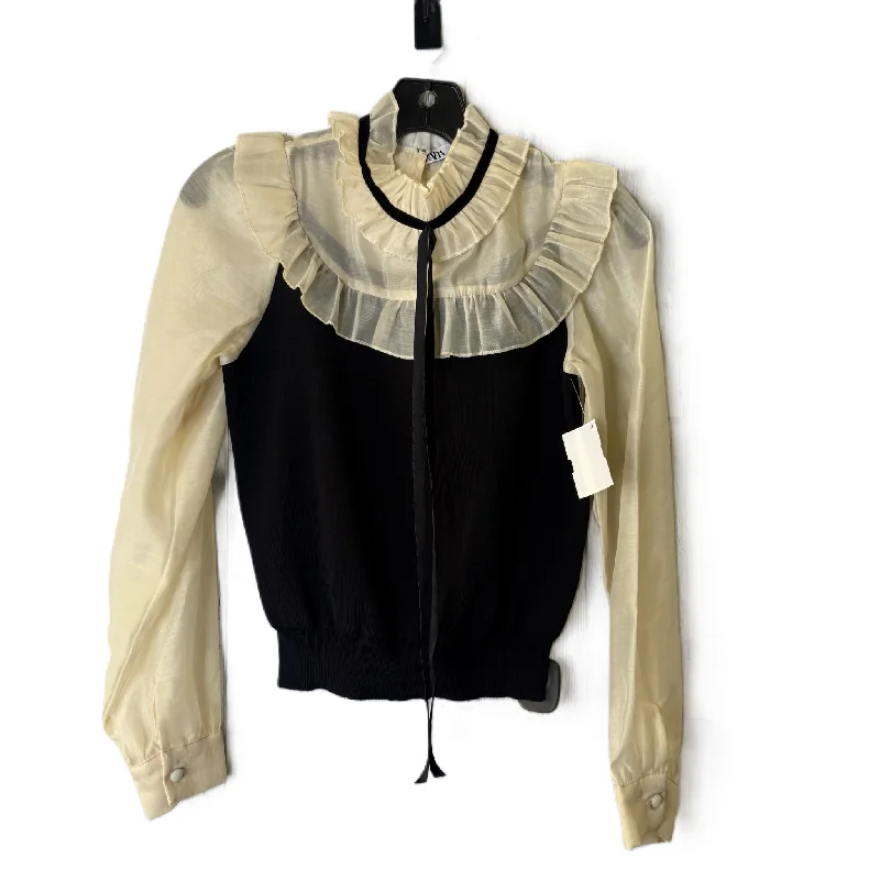 Top Long Sleeve By Zara In Black & Cream, Size: M