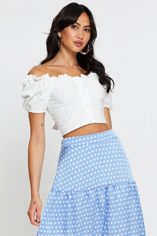 White Crop Top Short Sleeve Sweetheart Button Front