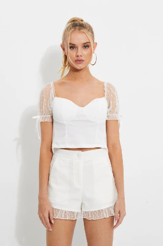 White Dobby Mesh Ruffle Puff Sleeve Bustier Crop Top