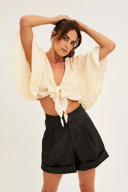 White Plisse Bolero Half Sleeve Tie Front Crop