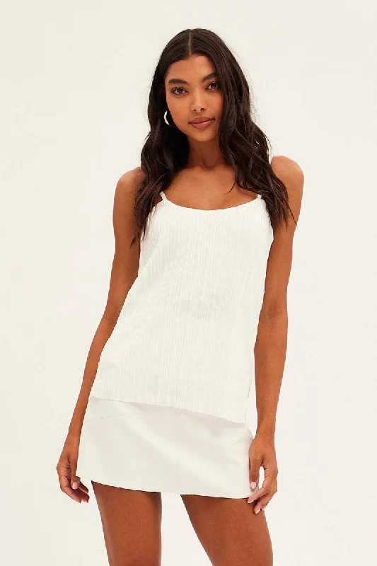 White Plisse Singlet Sleeveless Crop Scoop Neck